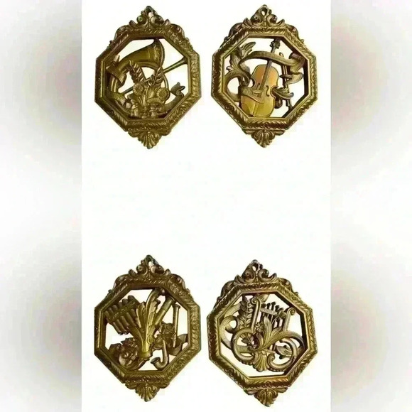 Set of 4 Octagon Gold Ornate Floral and Musical Instrument Wall Hangings Vintage - Picture 5 of 9